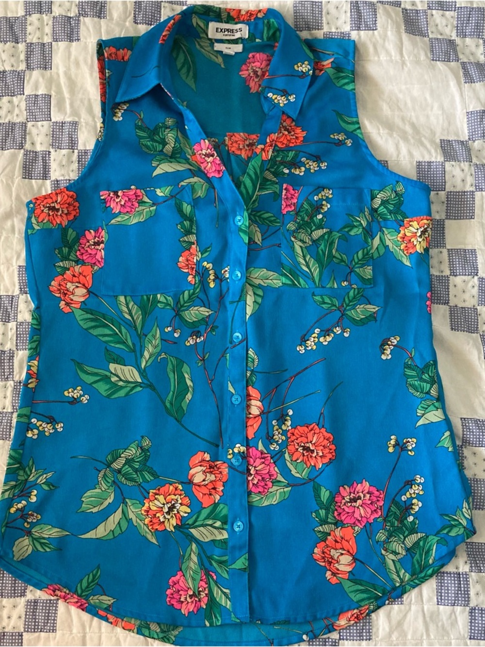 Express Teal Blue Floral Sleeveless Portofino Slim Button-Up Blouse